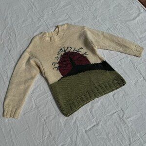 Vintage Nature Scene Tree Sun Hill Wool Tunic Balloon Sleeve Sweater
